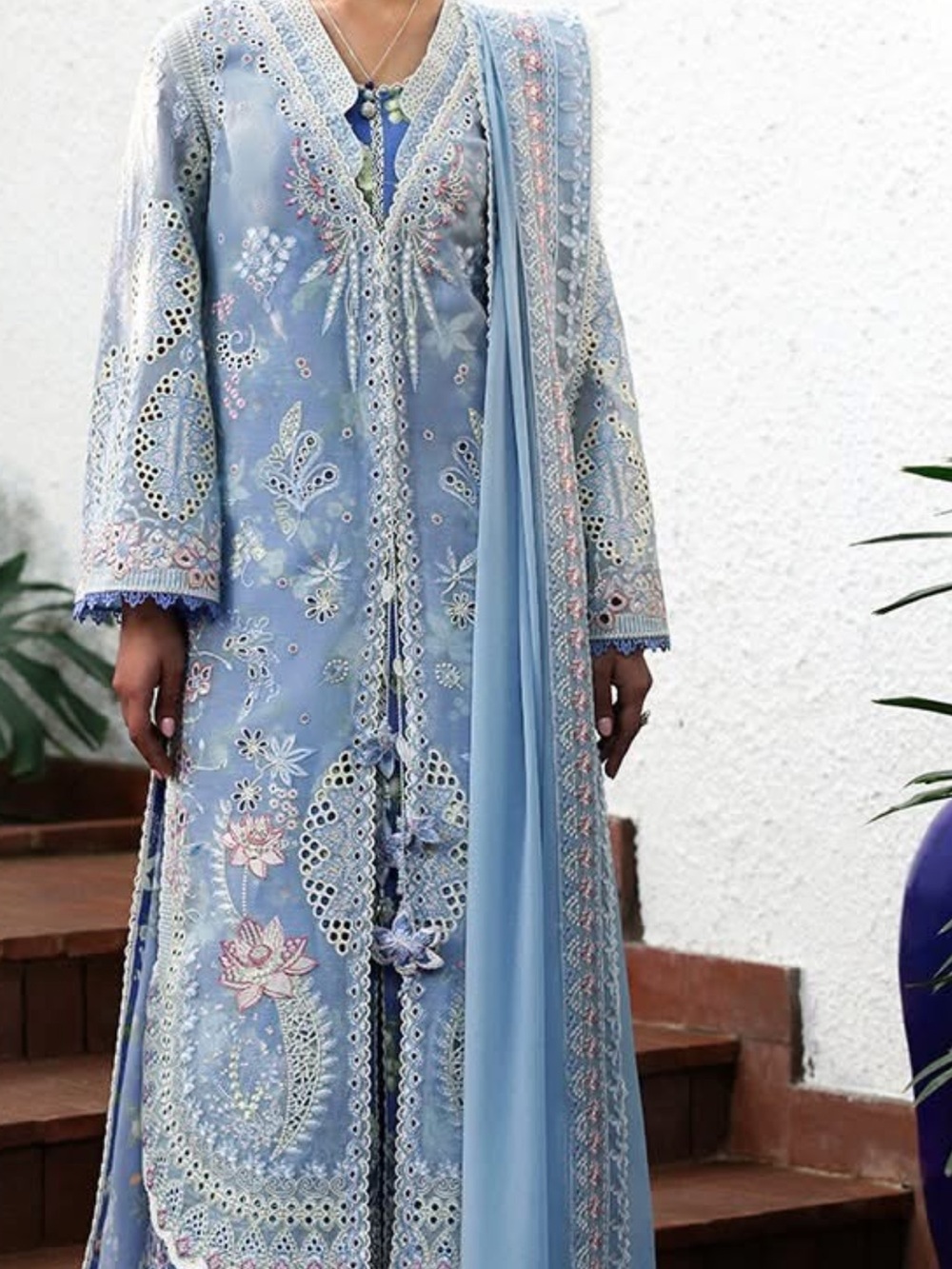 Sky Blue Embroidered Women's Dress with Matching Dupatta